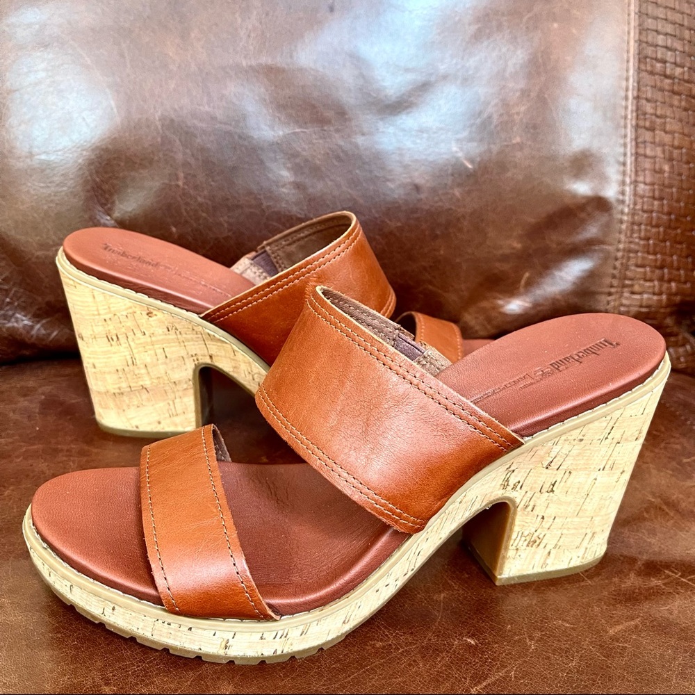 Timberland Genuine Leather Cork Platform & Heel Anti-Fatigue Slip On Sandals